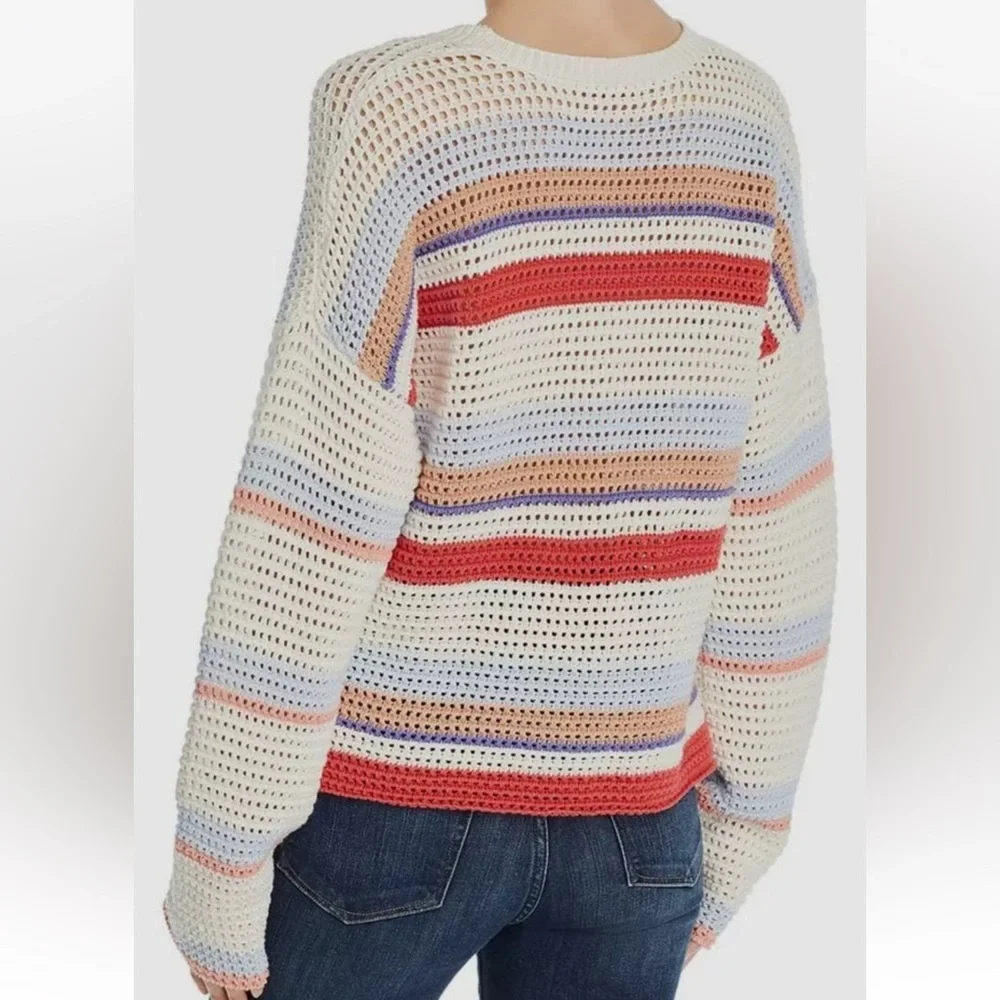 RTR Joie Diza White Multicolor Striped Open Knit‎ Long Sleeve Cropped Sweater L